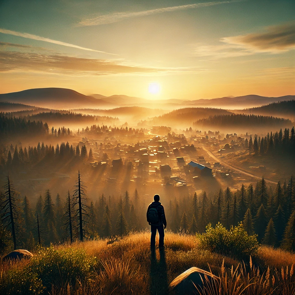 DALL·E 2025-03-12 17.54.30 - A cinematic view of a lone DayZ survivor standing on a hill at sunset, overlooking a vast open world. The environment is a mix of forests, mountains,